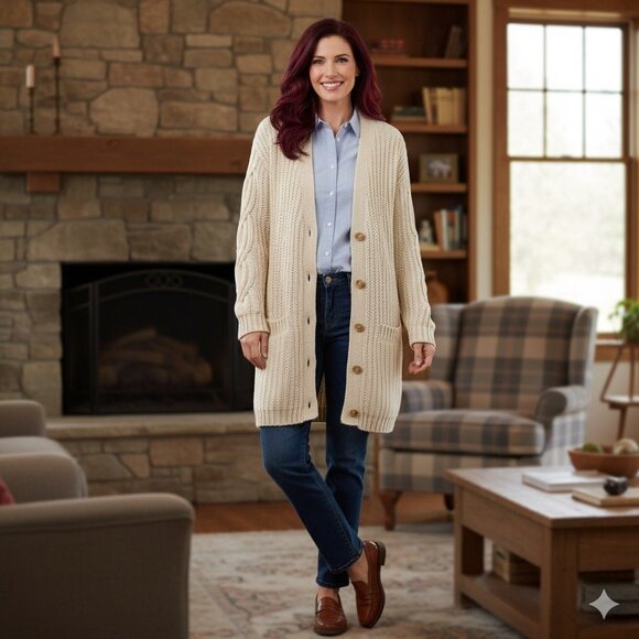 Banana Republic Italian Yarn Oversize Cardigan Sweater Cable Knit Beige Chunky S - Picture 13 of 13